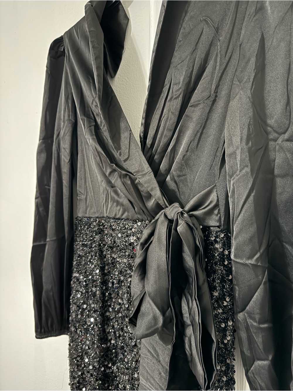Charcoal Satin & Sequin Wrap Dress